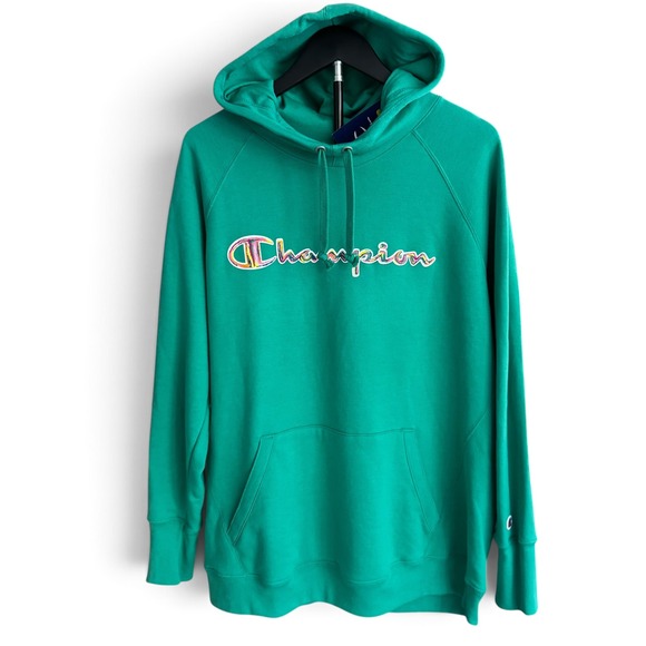 Champion Tops - Champion Hoodie NWT Women 1X Green Colorful Script Logo Fleece Outdoor Pullover